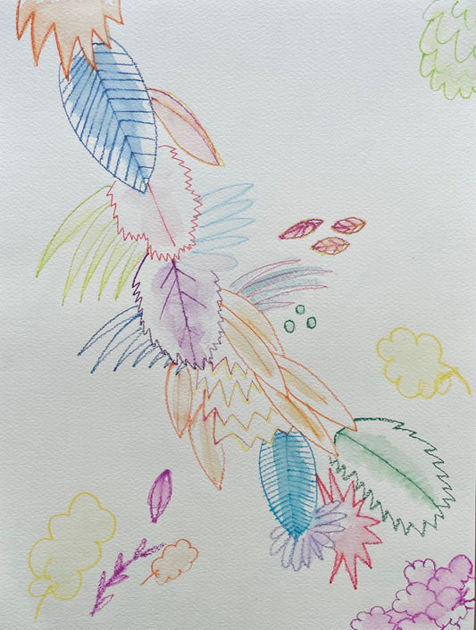 A colourful tumble of leaves sketched with Watercolour pencils. This piece has a whimsical feel about it as the colours are a flight of fancy. They are uplifting colours without becoming too brash.  Watercolour pencils on 300gsm Watercolour paper, 40.6 x30.5cm unframed