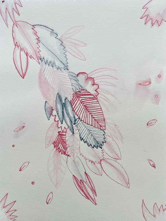 Contrasting blue and red leaves sketched with Watercolour pencils tumble down the paper. Differing line weights and shading adds interest.  Watercolor Pencil on 300g Watercolour Pencil, 406x305mm Unframed