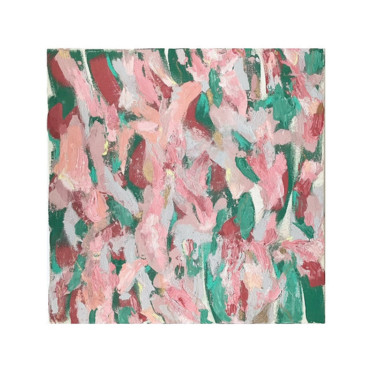 A richly pigmented Abstract Expressionist painting. Bold and broad brushstrokes flow across the canvas to give a dynamic feel. The palette of complementary reds, pinks and green on raw canvas grabs the viewer's attention.   Emulsion on raw canvas, 60x60cm Unframed.