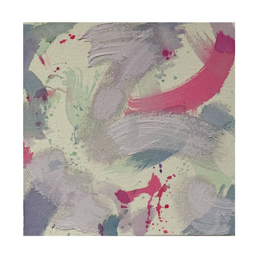 A dynamic Abstract Expressionist painting in Watercolour, Ink and Emulsion on hand stretched raw canvas. A beautiful soft palette with broad brushtrokes. The different mediums used combine to create contrast and tension between the colours.    Watercolour, Ink and Emulsion on raw canvas, 30x30cm unframed.