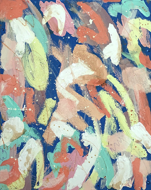 An Abstract Expressionist painting inspired by Ice Cream Flavours against a cloudless summer sky. Forms merge and collide to create an energetic feel. Incorporating Acrylic, Emulsion, Salt and pencil, the palette and textures provide a lot of visual interest.   Acrylic, Emulsion, Salt and Pencil on Canvas, 40x50cm Unframed  SOLD