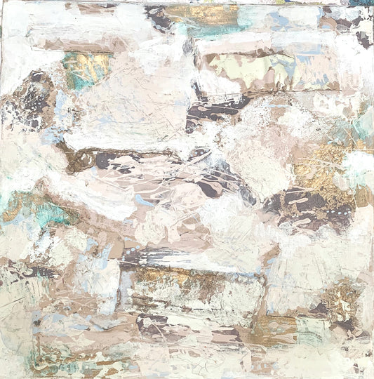 A collage of cotton, string and Emulsion. The material is sewn onto the canvas and then layered over with paints in a restful neutral palette with pale pink, mauve tones and gold wax gilt accents. the rich texture makes for an intriguing painting giving an almost 3D quality to the surface.  Emulsion, cotton, string and gold Wax gilt on canvas, 30x30cm unframed.