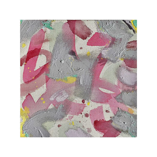 A lively Abstract Expressionist painting of broad brushstrokes in a soft palette. The canvas is raw and hand stretched with areas of the piece exposing the material. the interplay between the different mediums gives an energetic feel. This piece would make a great pair with 'Deflect'.   Watercolour, Ink and Emulsion on raw canvas, 30x30cm unframed.   